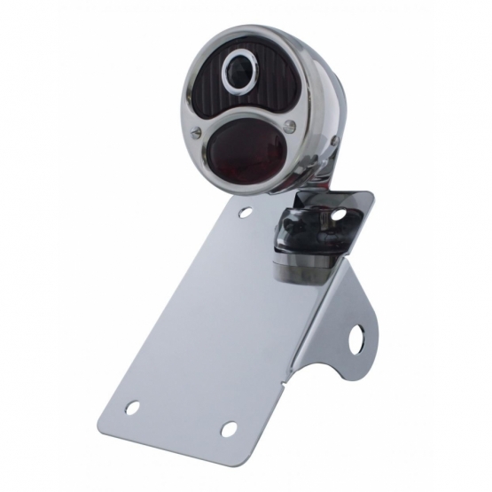 Chrome Vertical Side Mount LP Bracket For Motorcycle With 1928 "DUO Lamp" Blue Dot Lens Tail Light