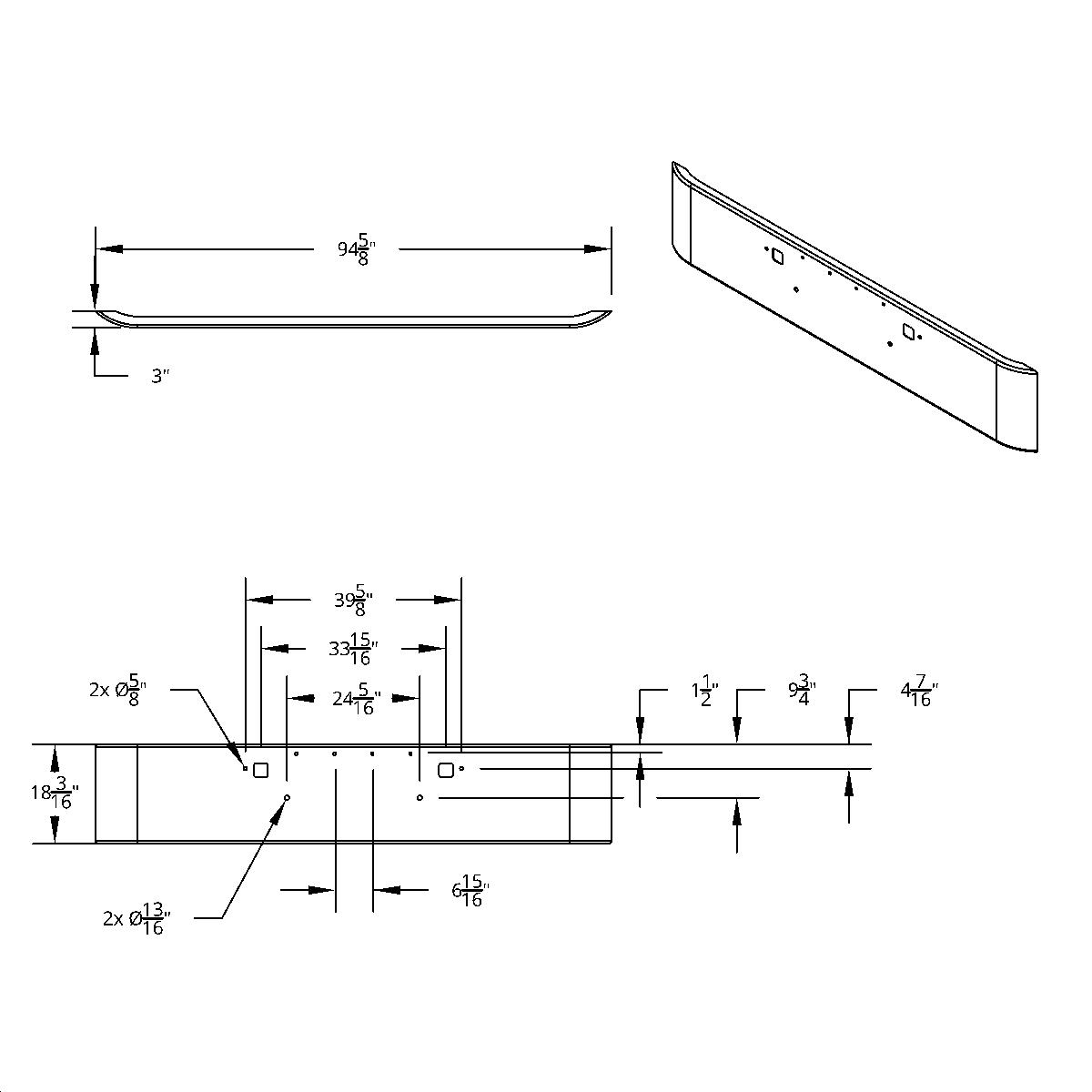 SS Clad Aluminum Bumper For 2008-2023 Peterbilt 389 - Curved Ends - Thumbnail 4