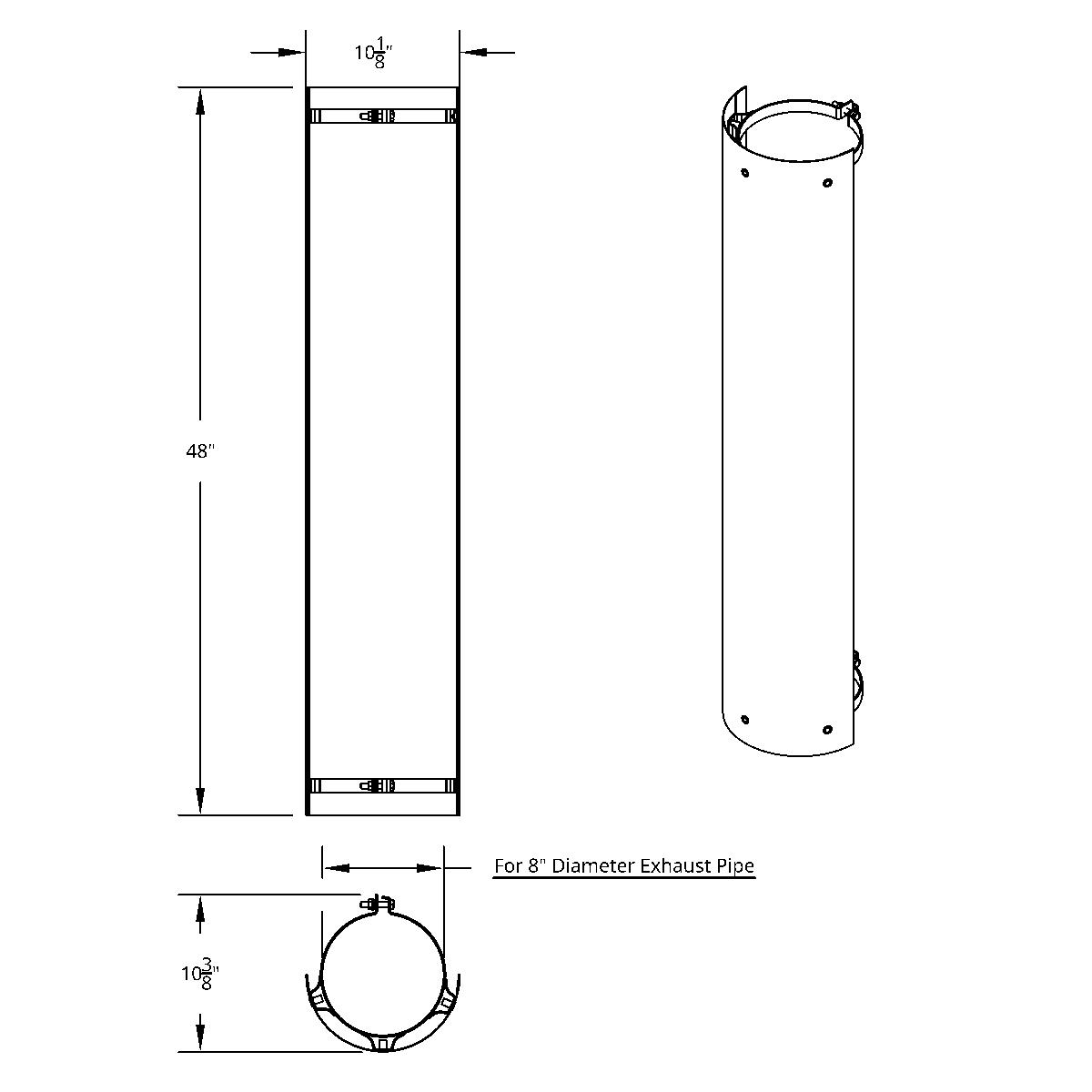 48" Tall 180 Degree Stainless Exhaust Muffler Shield For 8" Diameter Exhaust - Plain - Thumbnail 2
