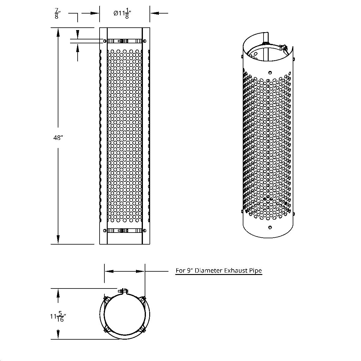 48" Tall 270 Degree Stainless Exhaust Muffler Shield For 9" Diameter Exhaust - Round Slot - Thumbnail 2