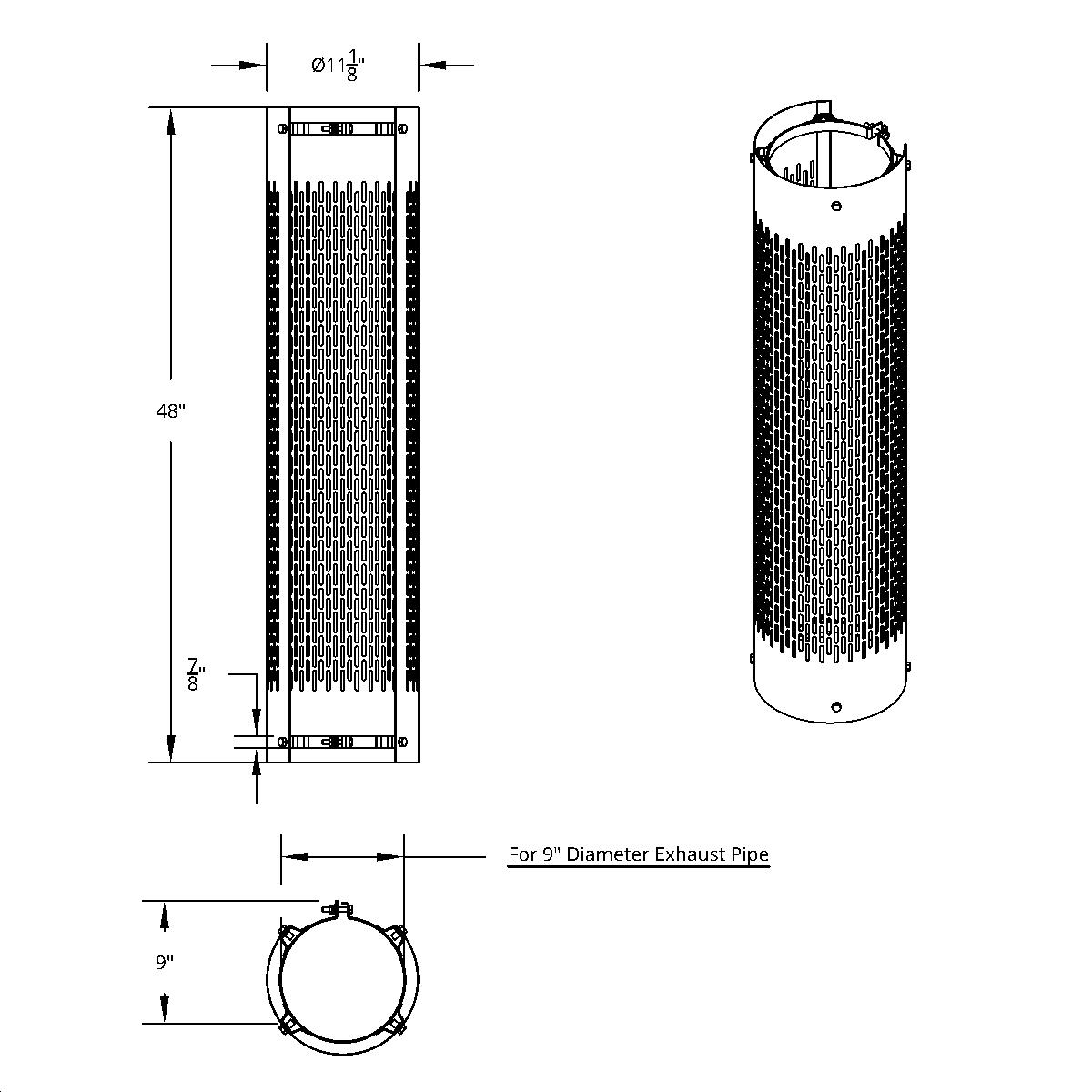 48" Tall 270 Degree Stainless Exhaust Muffler Shield For 9" Diameter Exhaust - Vertical Slot - Thumbnail 2