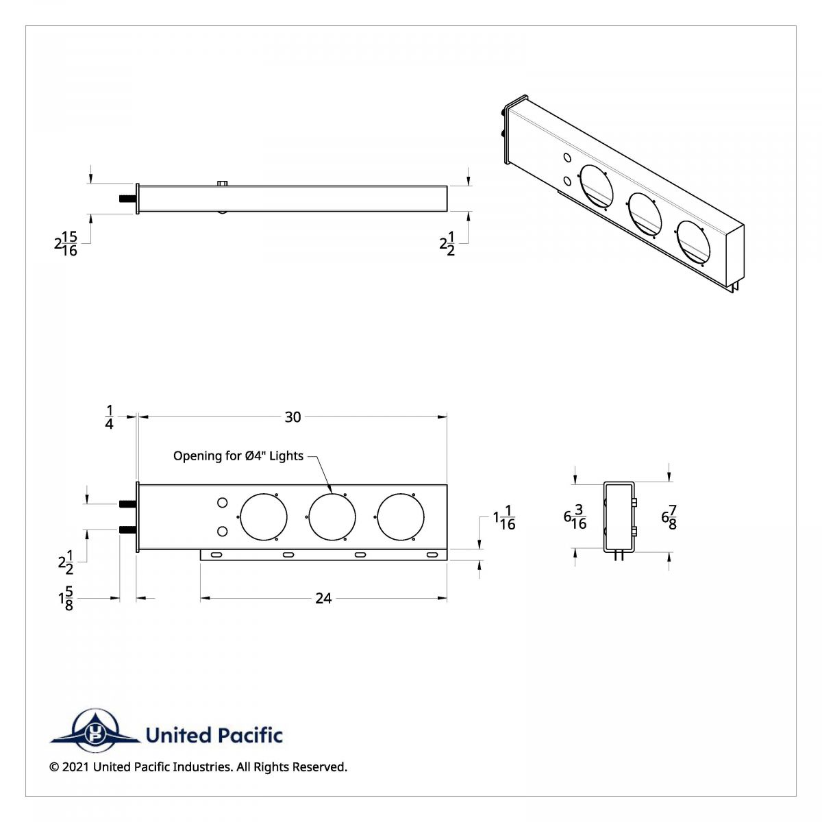 2.5" Bolt Pattern 430 SS Spring Loaded Light Bar With Three 4" Light Cutouts (Pair) - Thumbnail 3