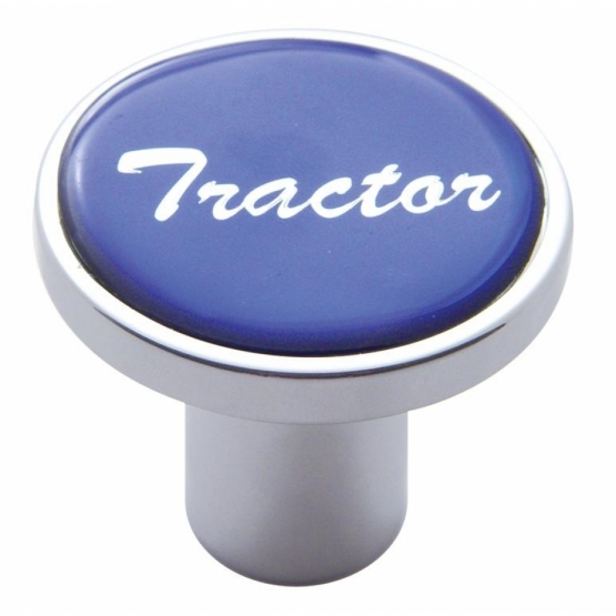 Aluminum Screw-On Air Valve Knob With Glossy Tractor Script Sticker - Blue Sticker