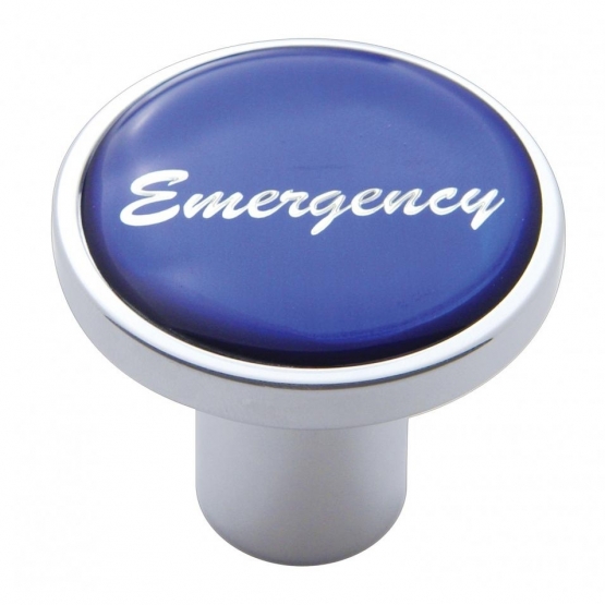 Aluminum Screw-On Air Valve Knob With Glossy Emergency Script Sticker - Blue Sticker