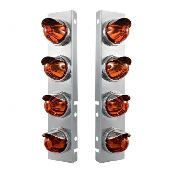 SS Front Air Cleaner Bracket With 8X Glass Watermelon Lights & SS Visors For Peterbilt-Dark Amber Lens