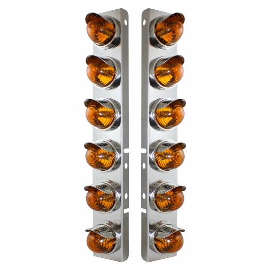 SS Front Air Cleaner Bracket With 12X Glass Beehive Lights & SS Visors For Peterbilt-Amber Lens
