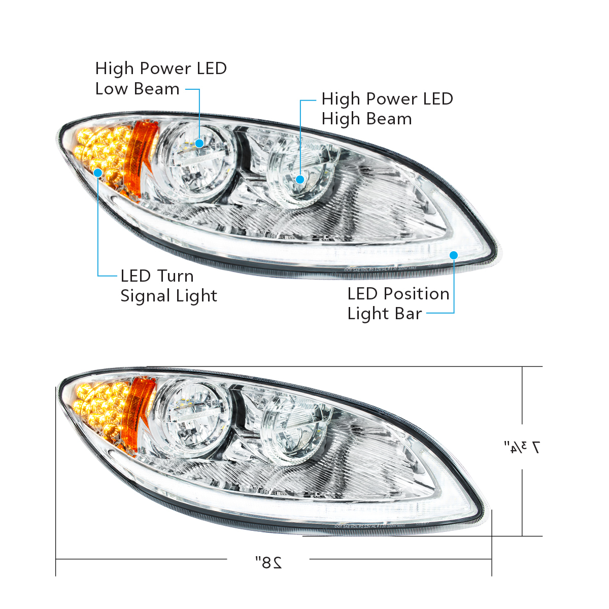 Chrome LED Headlight With LED Light Bar & Turn Signal For 2006-2017 International Prostar-Passenger - Thumbnail 9