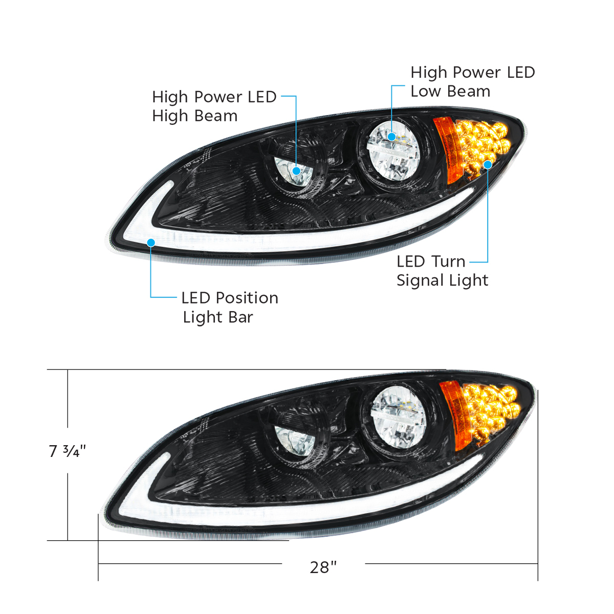 Blackout LED Headlight With LED Light Bar & Turn Signal For 2006-2017 International Prostar-Driver - Thumbnail 8