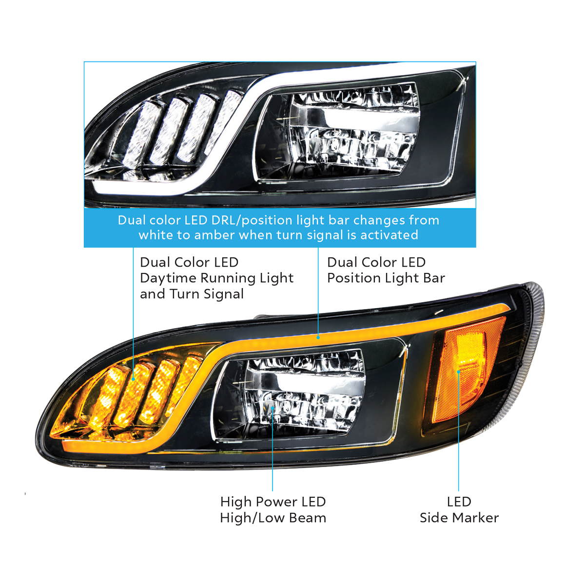 Black LED Headlight With LED Turn, Position, & DRL For Peterbilt 386 (2005-2015) & 387 (1999-2010)- Driver - Thumbnail 10