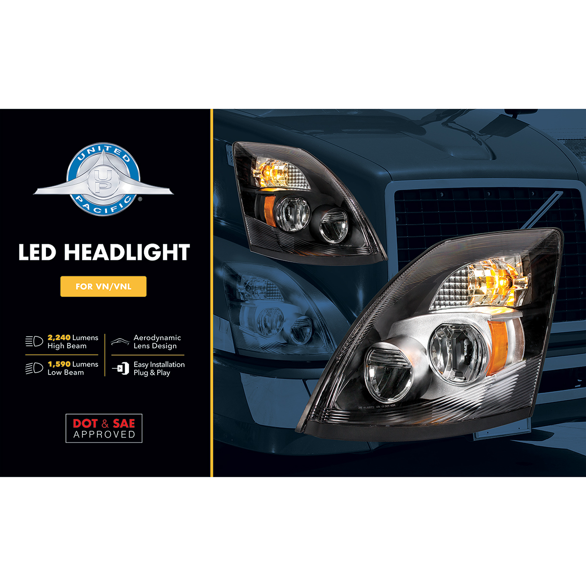 High Power LED "Blackout" Headlight for 2003-2017 Volvo VN/VNL - Passenger - Thumbnail 6