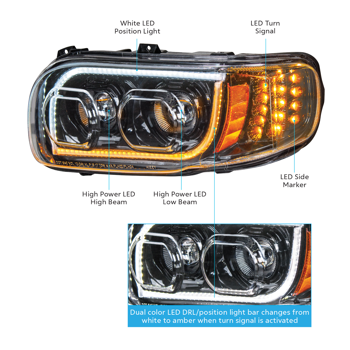 High Power LED "Blackout" Headlight With 16 LED Turn & 57 LED Bar For 2008-2024 Peterbilt 389- Passenger - Thumbnail 10