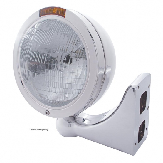 Stainless Steel Bullet Classic Headlight H6024 Bulb & Turn Signal - Amber Lens - Thumbnail 2