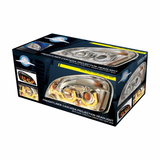 Chrome Projection Headlight W/Dual Function Amber LED Position Lights For 2008-17 FL Cascadia - Passenger - Thumbnail 4