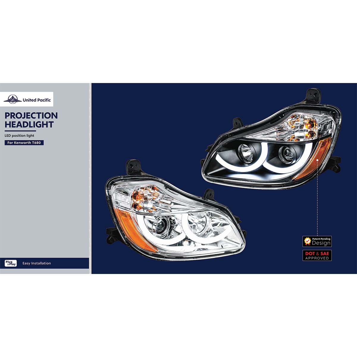 Black Projection Headlight With LED Position Light For 2013-2021 Kenworth T680 - Passenger - Thumbnail 6