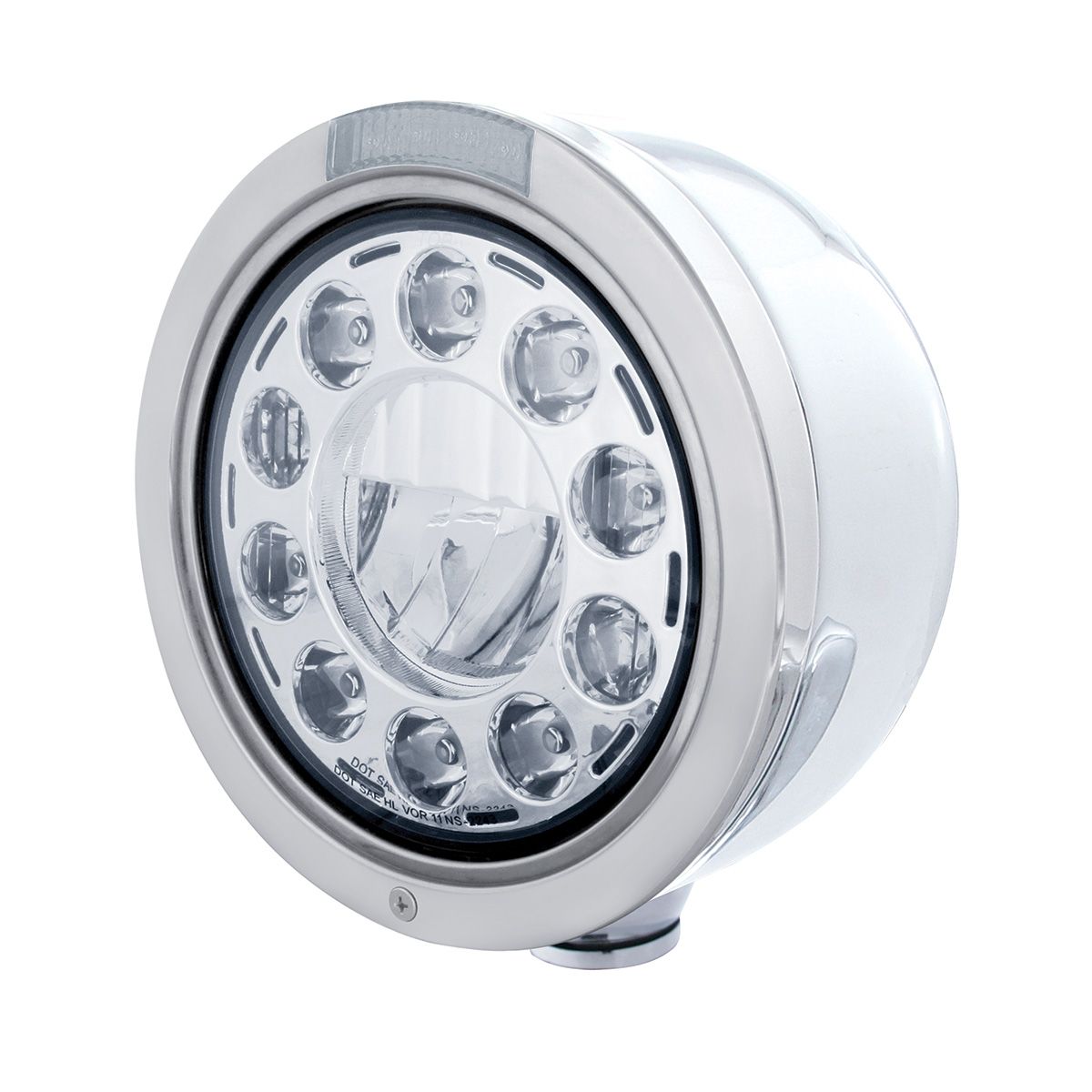Stainless Bullet Half Moon Headlight 11 LED Bulb & Dual Mode LED Signal - Clear Lens