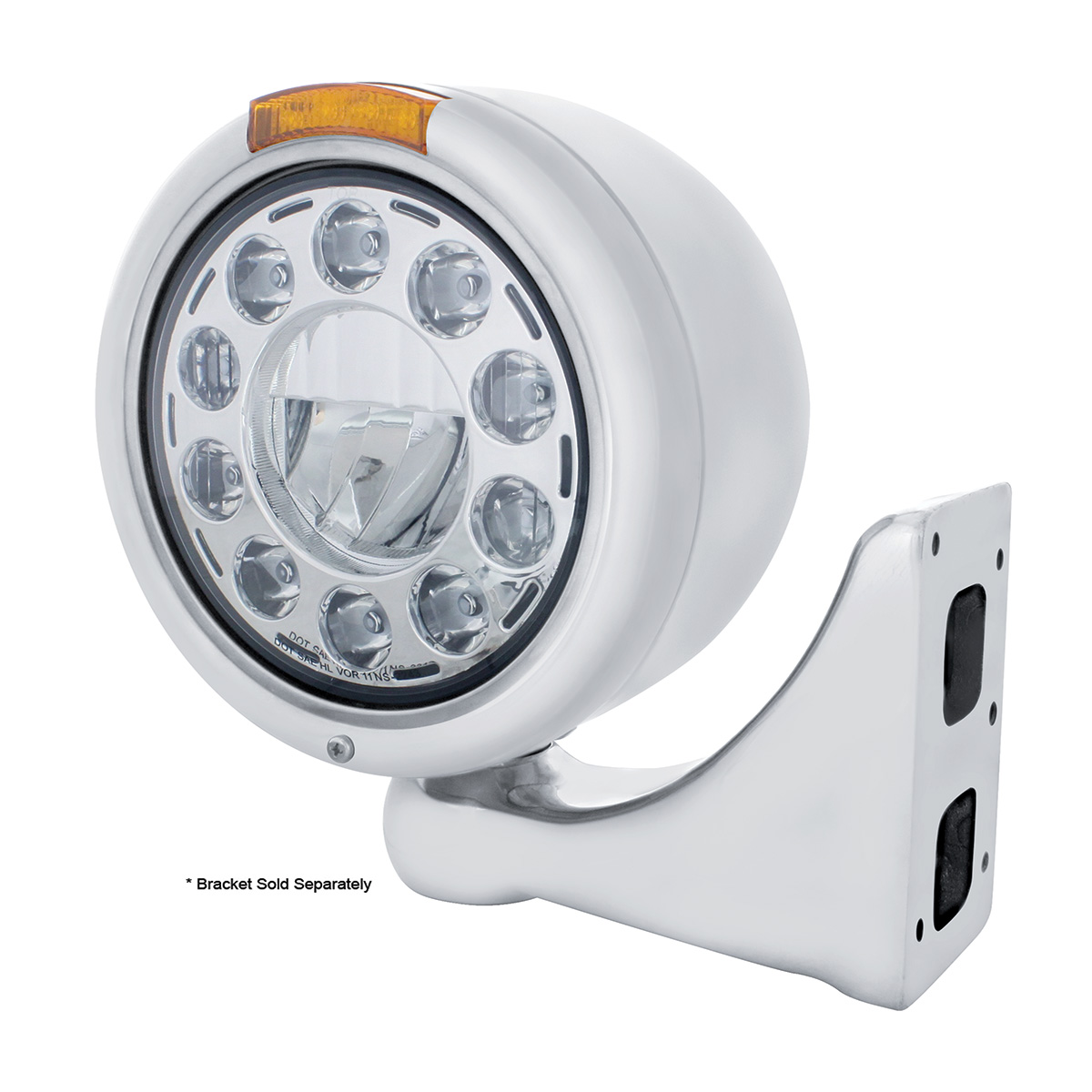 Stainless Classic Half Moon Headlight 11 LED Bulb & Dual Mode LED Signal-Amber Lens - Thumbnail 3