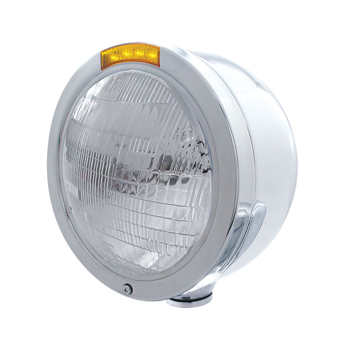 Stainless Steel Bullet Half Moon Headlight 6014 Bulb & LED Turn Signal - Amber Lens