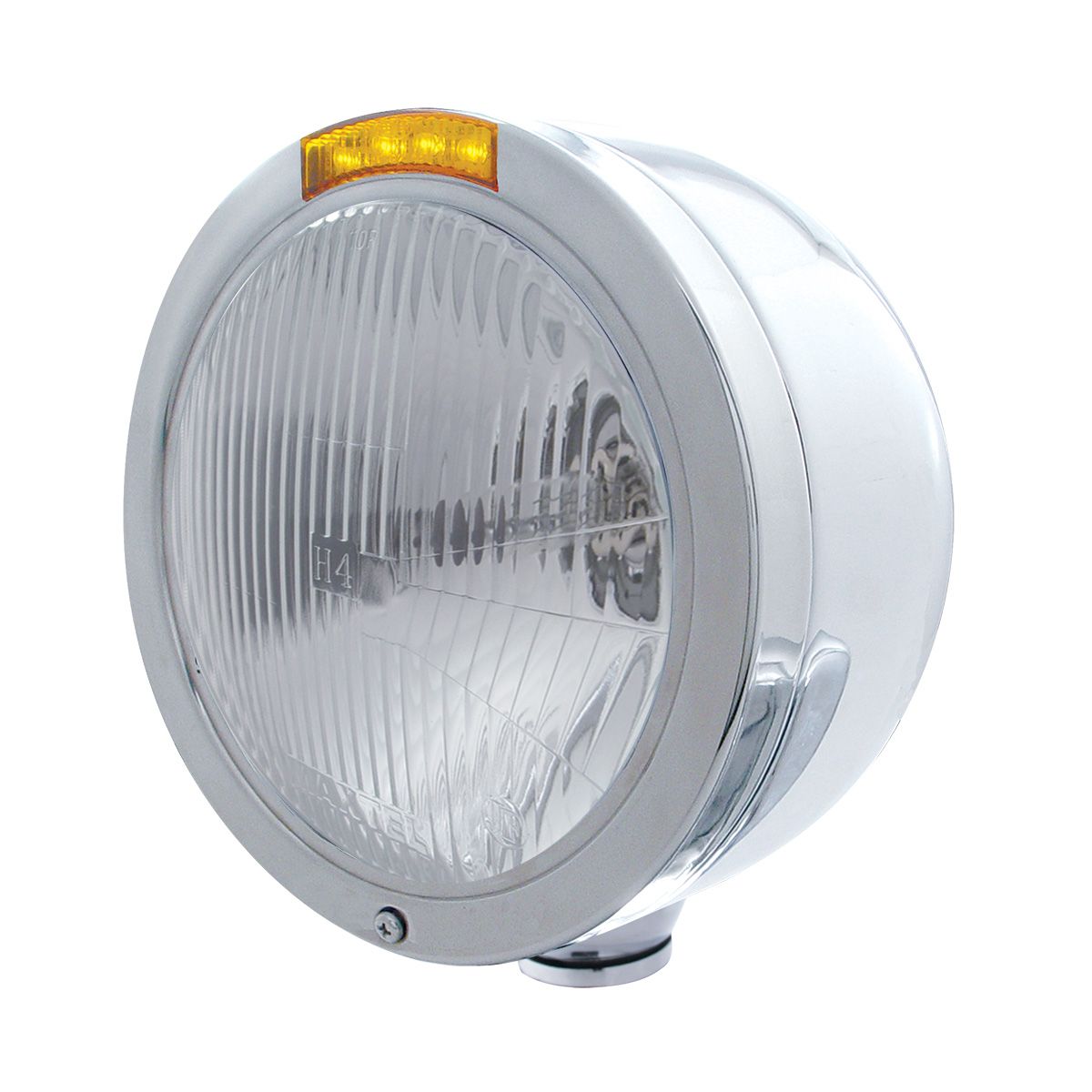Stainless Steel Bullet Half Moon Headlight H4 Bulb & LED Turn Signal - Amber Lens
