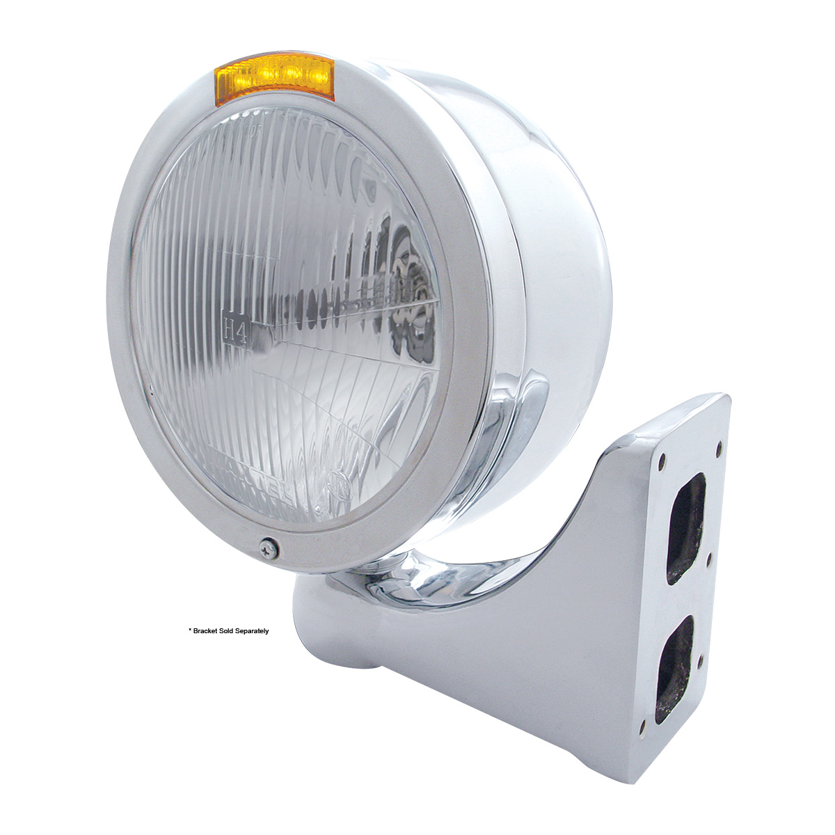 Stainless Steel Bullet Half Moon Headlight H4 Bulb & LED Turn Signal - Amber Lens - Thumbnail 4