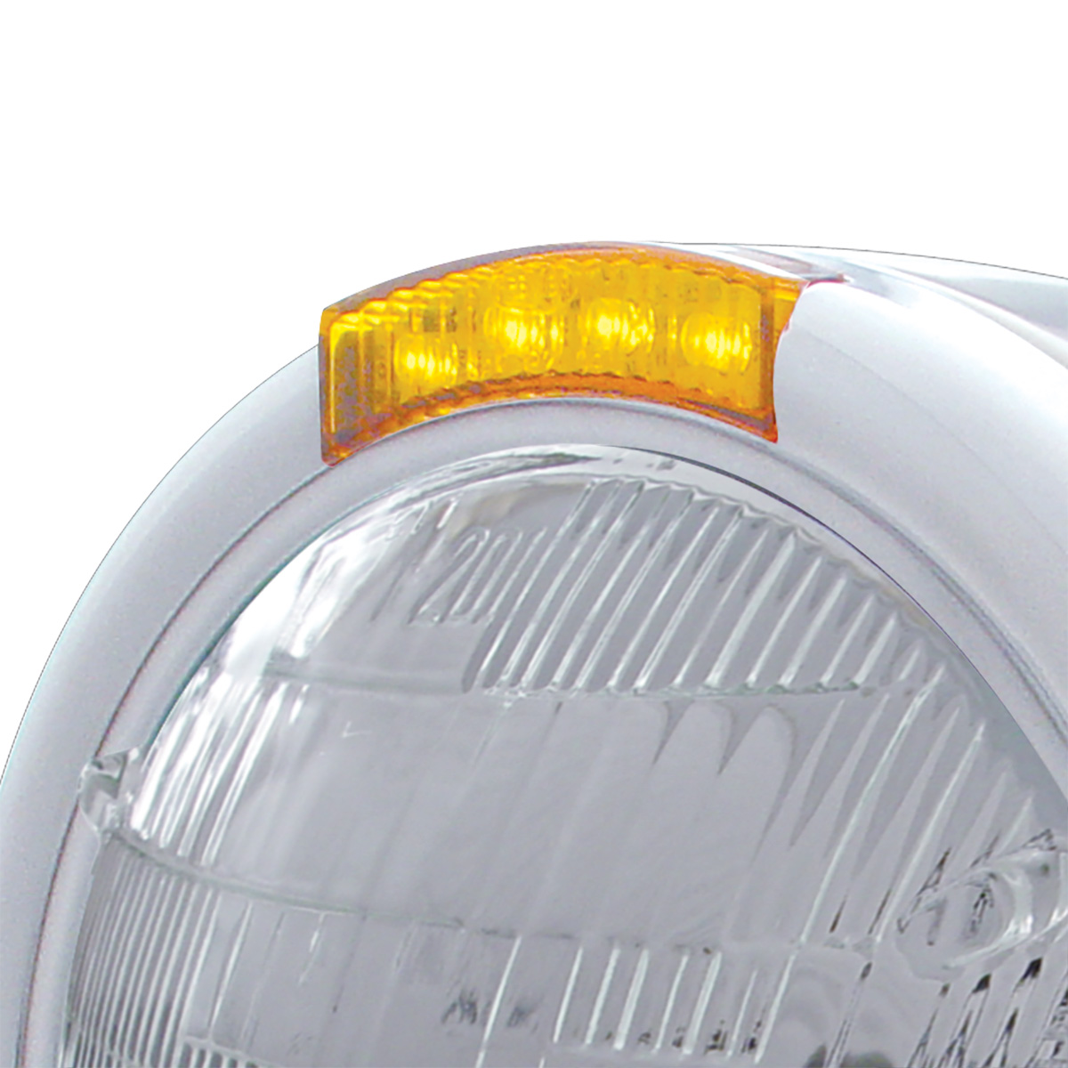 Stainless Steel Classic Half Moon Headlight 6014 Bulb & LED Turn Signal - Amber Lens - Thumbnail 2