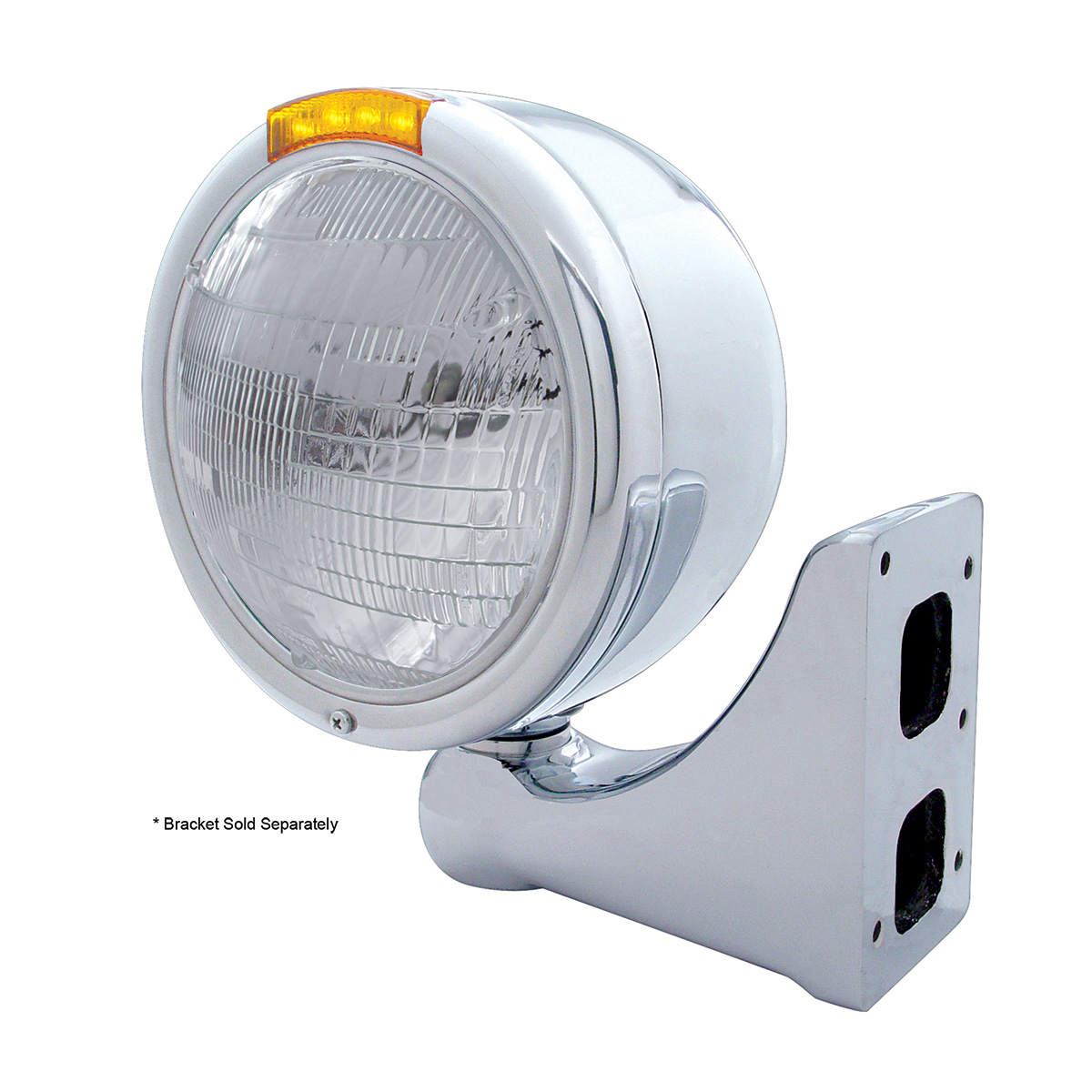 Stainless Steel Classic Half Moon Headlight 6014 Bulb & LED Turn Signal - Amber Lens - Thumbnail 3