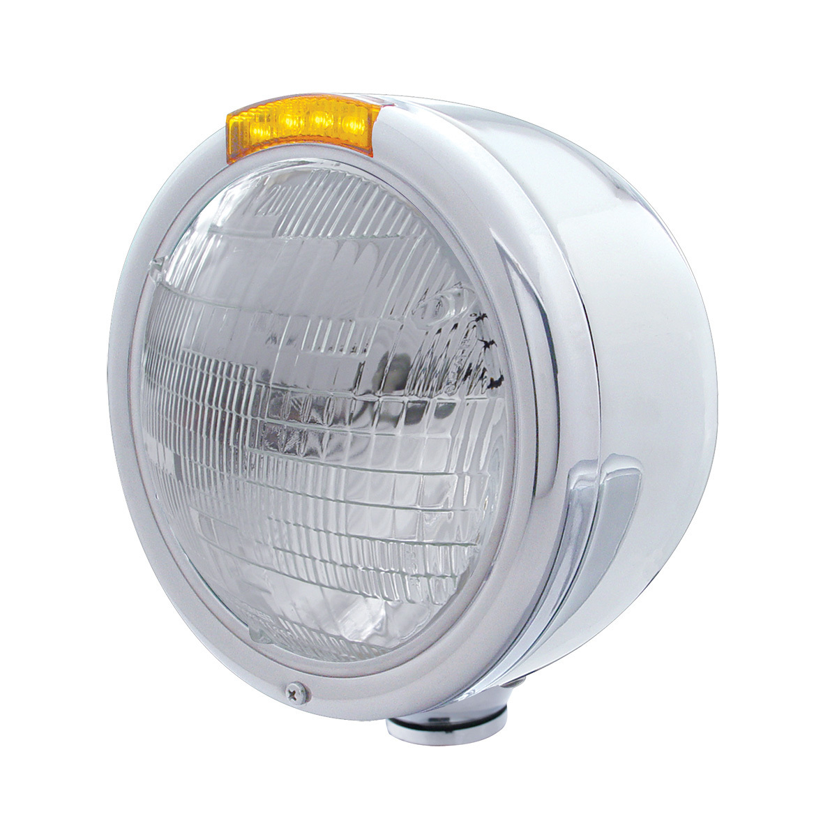 Stainless Steel Classic Half Moon Headlight 6014 Bulb & LED Turn Signal - Amber Lens - Thumbnail 6