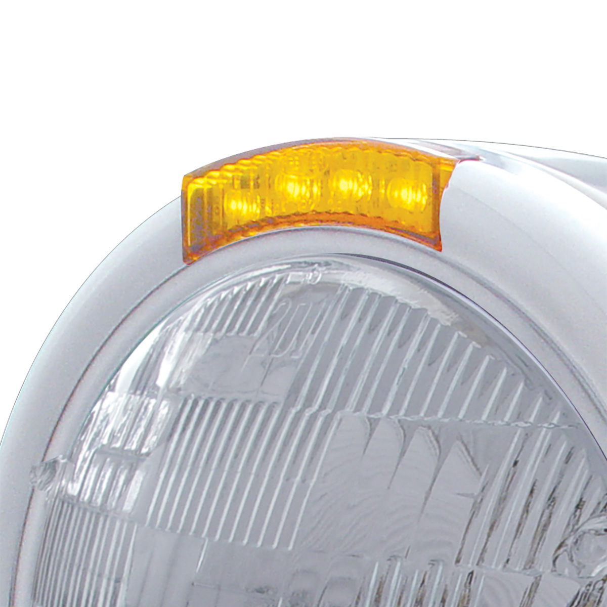 Stainless Steel Classic Half Moon Headlight H6024 Bulb & LED Turn Signal - Amber Lens - Thumbnail 2