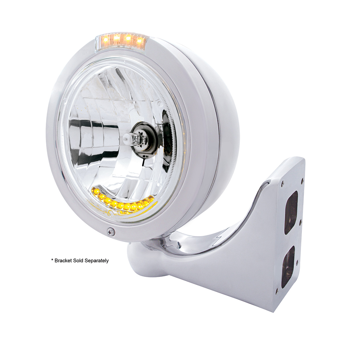 Stainless Steel Bullet Classic Headlight H4 With 10 Amber LED & Dual Mode LED Signal - Clear Lens - Thumbnail 4