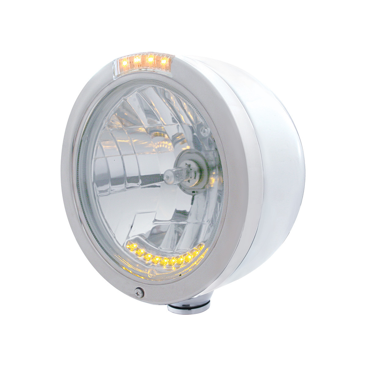 Stainless Steel Bullet Half Moon Headlight H4 With 10 Amber LED & Dual Mode LED Signal-Clear Lens - Thumbnail 6