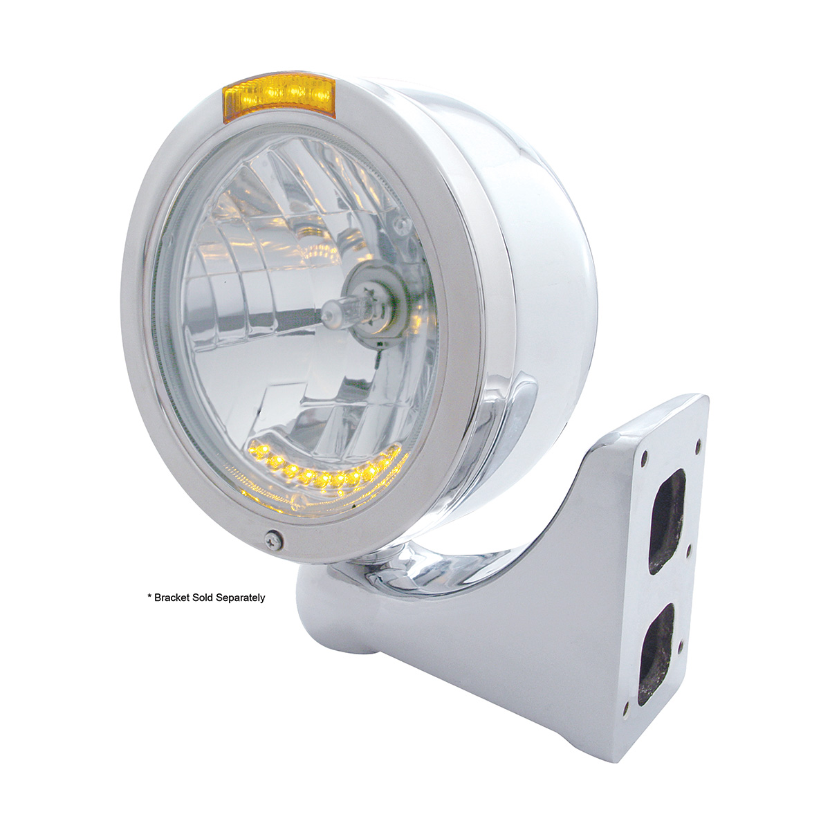 Stainless Steel Bullet Half Moon Headlight H4 With 10 Amber LED & Signal - Amber Lens - Thumbnail 4