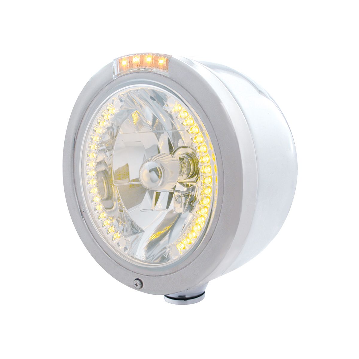 Stainless Steel Bullet Half Moon Headlight H4 With Amber LED & Signal - Clear Lens