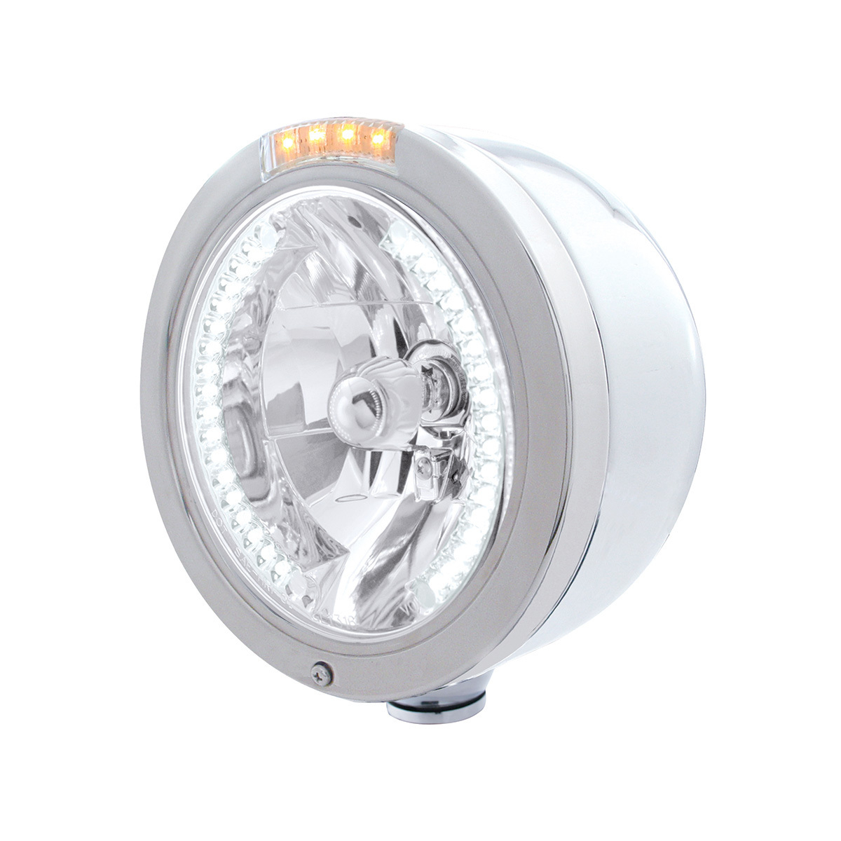 Stainless Steel Bullet Half Moon Headlight H4 With White LED & Dual Mode LED Signal-Clear Lens - Thumbnail 5