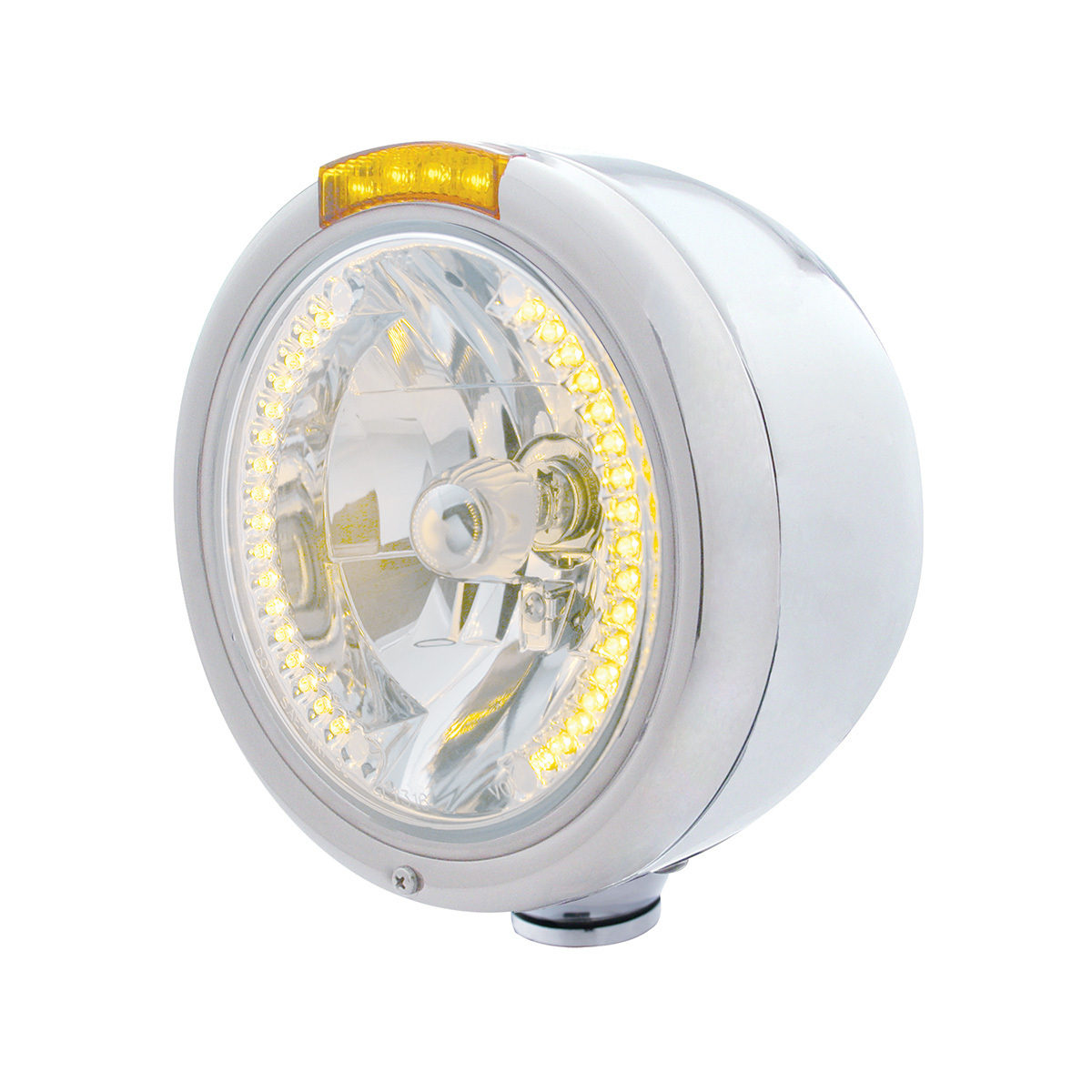 Stainless Steel Classic Half Moon Headlight H4 With Amber LED & Dual Mode LED Signal-Amber Lens - Thumbnail 5