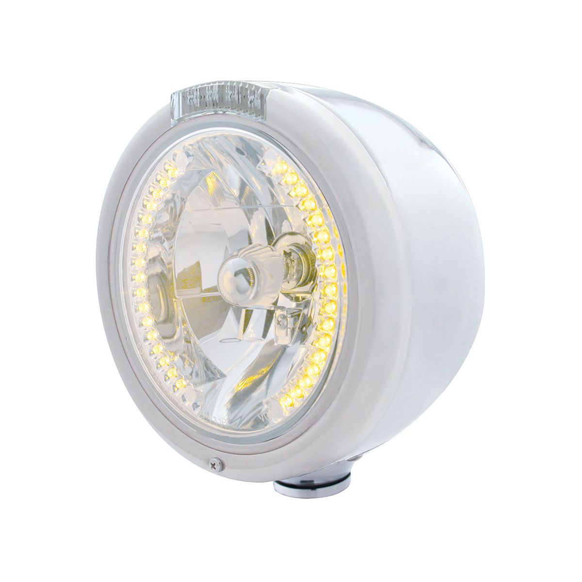 Stainless Steel Classic Half Moon Headlight H4 With Amber LED & Signal - Clear Lens