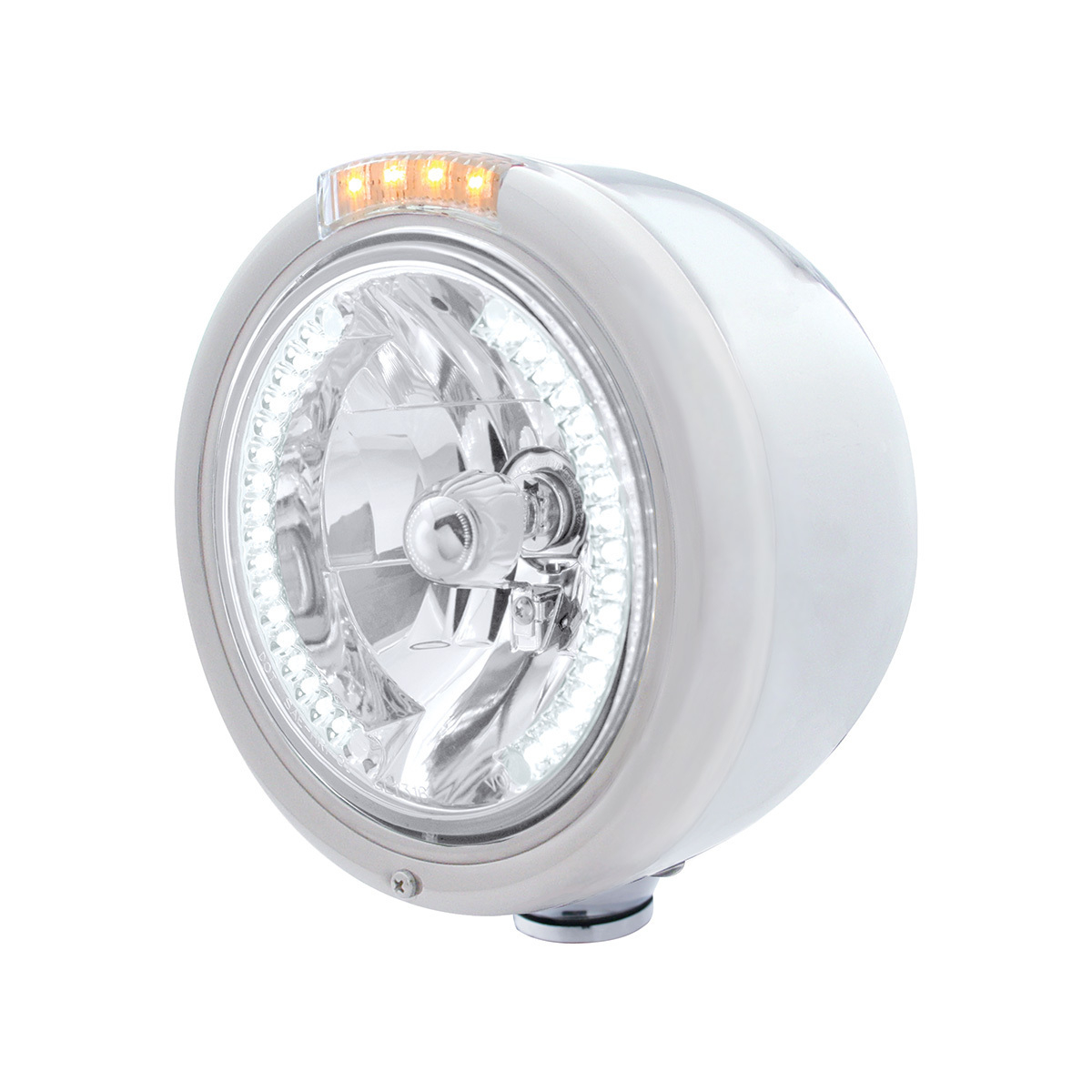 Stainless Steel Classic Half Moon Headlight H4 With White LED & Dual Mode LED Signal-Clear Lens - Thumbnail 6