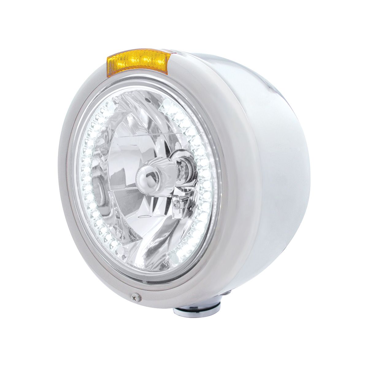 Stainless Steel Classic Half Moon Headlight H4 With White LED & Signal - Amber Lens