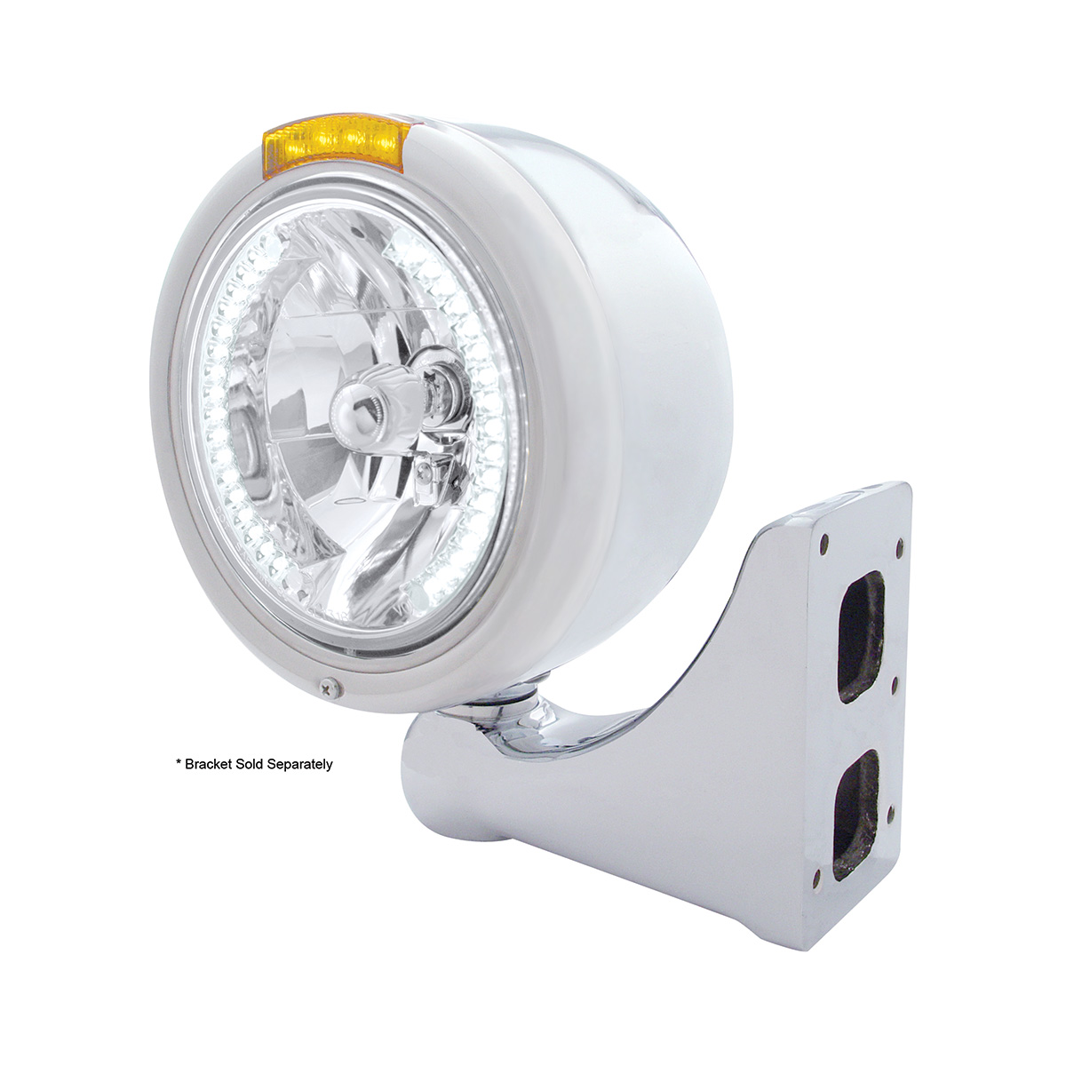 Stainless Steel Classic Half Moon Headlight H4 With White LED & Signal - Amber Lens - Thumbnail 4