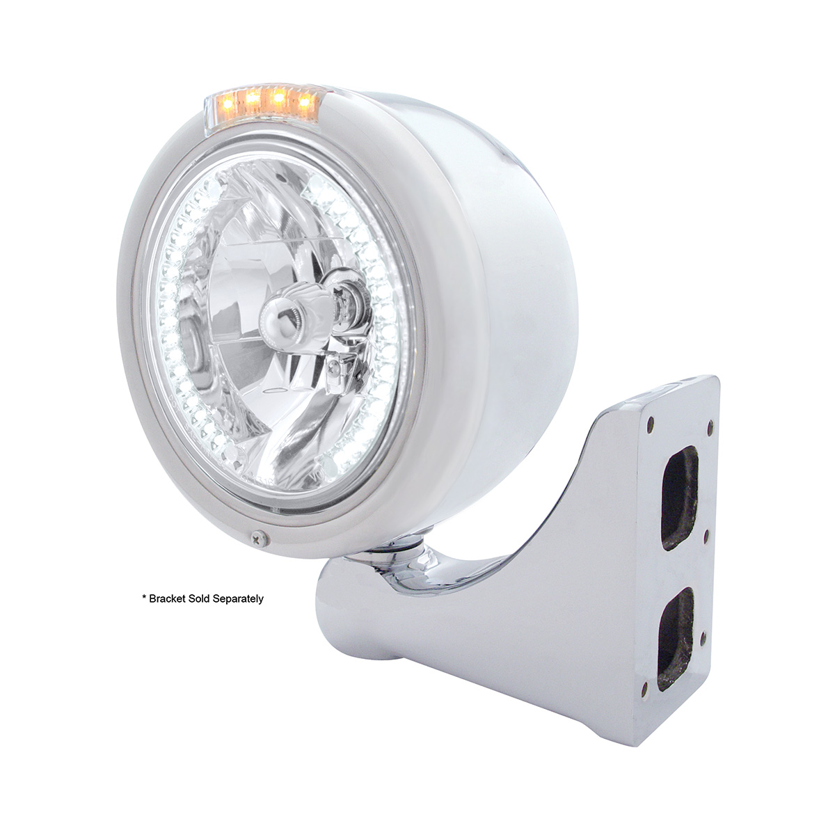 Stainless Steel Classic Half Moon Headlight H4 With White LED & Signal - Clear Lens - Thumbnail 4