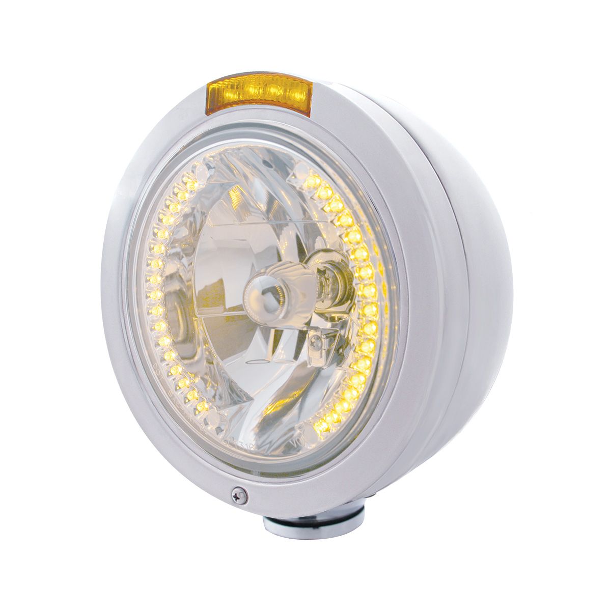Stainless Steel Bullet Classic Headlight H4 With Amber LED & Dual Mode LED Signal - Amber Lens