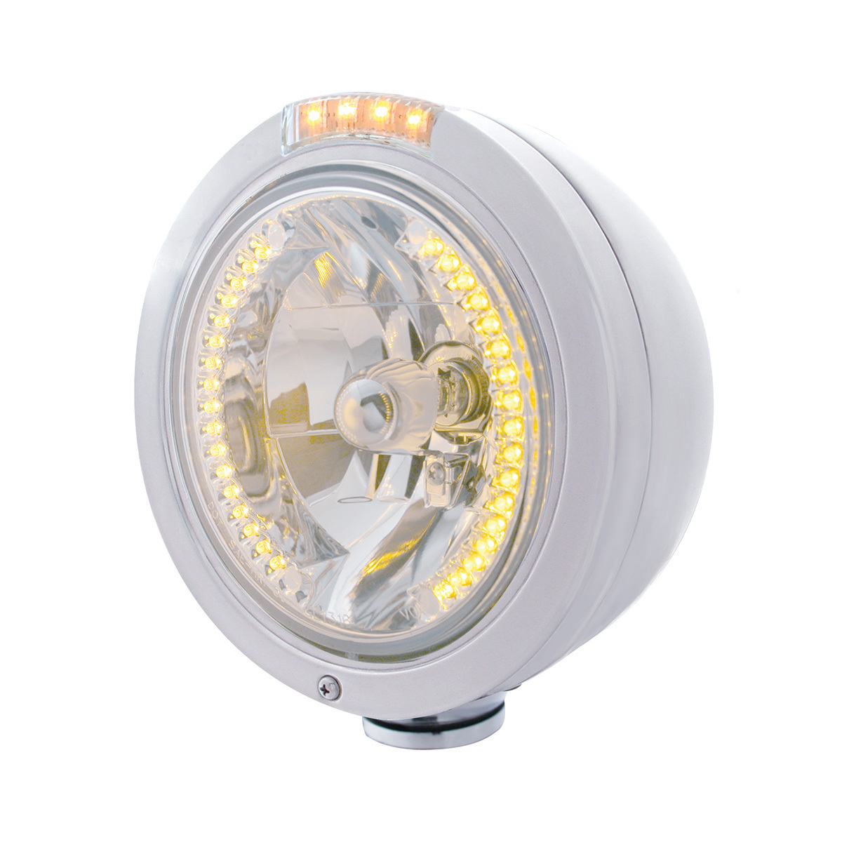 Stainless Steel Bullet Classic Headlight H4 With Amber LED & Dual Mode LED Signal - Clear Lens - Thumbnail 6