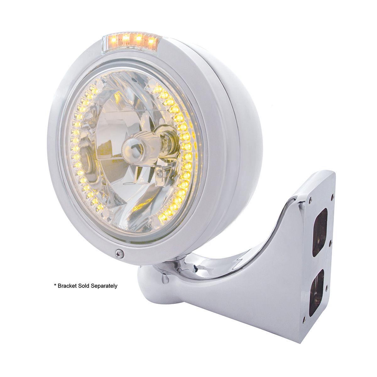 Stainless Steel Bullet Classic Headlight H4 With Amber LED & Signal - Clear Lens - Thumbnail 4