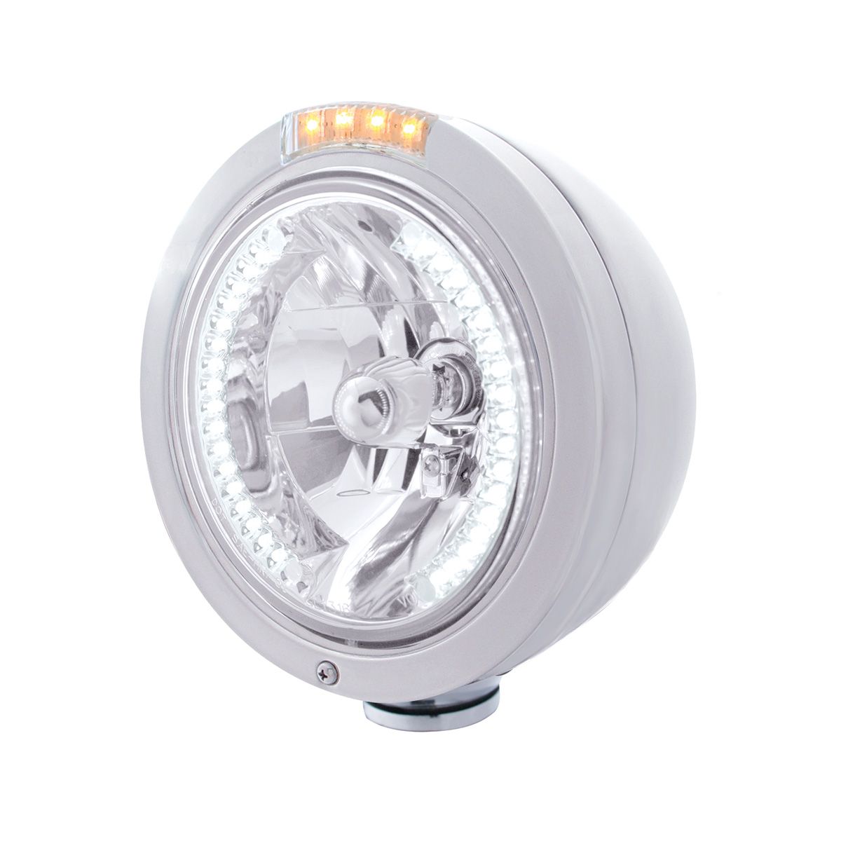Stainless Steel Bullet Classic Headlight H4 With White LED & Signal - Clear Lens