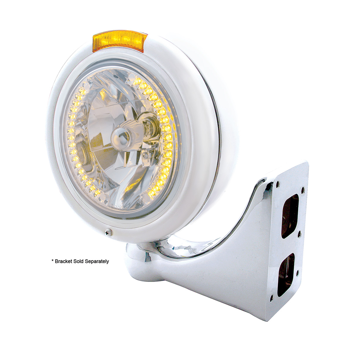 Stainless Steel Classic Headlight H4 With 34 Amber LED & Signal - Amber Lens - Thumbnail 4
