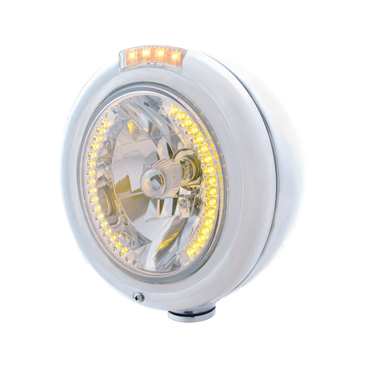 Stainless Steel Classic Headlight H4 With 34 Amber LED & Signal - Clear Lens