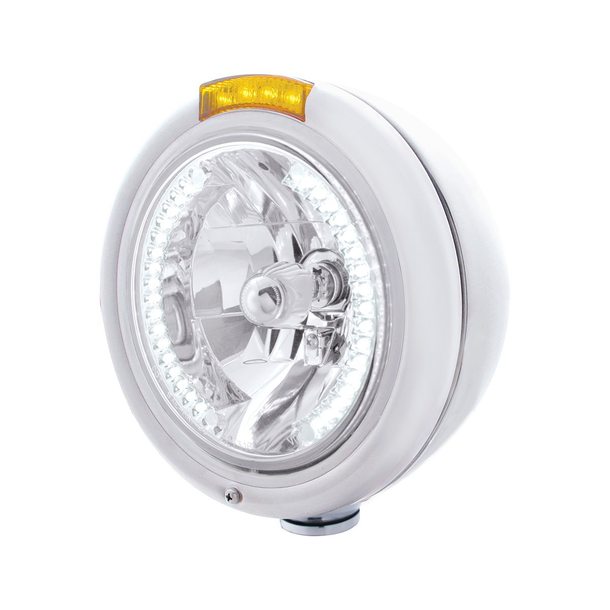 Stainless Steel Classic Headlight H4 With 34 White LED & Signal - Amber Lens
