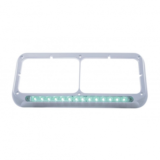 14 LED Chrome Rectangular Dual Headlight Bezel - Green LED/Clear Lens