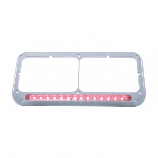 14 LED Chrome Rectangular Dual Headlight Bezel - Red LED/Clear Lens