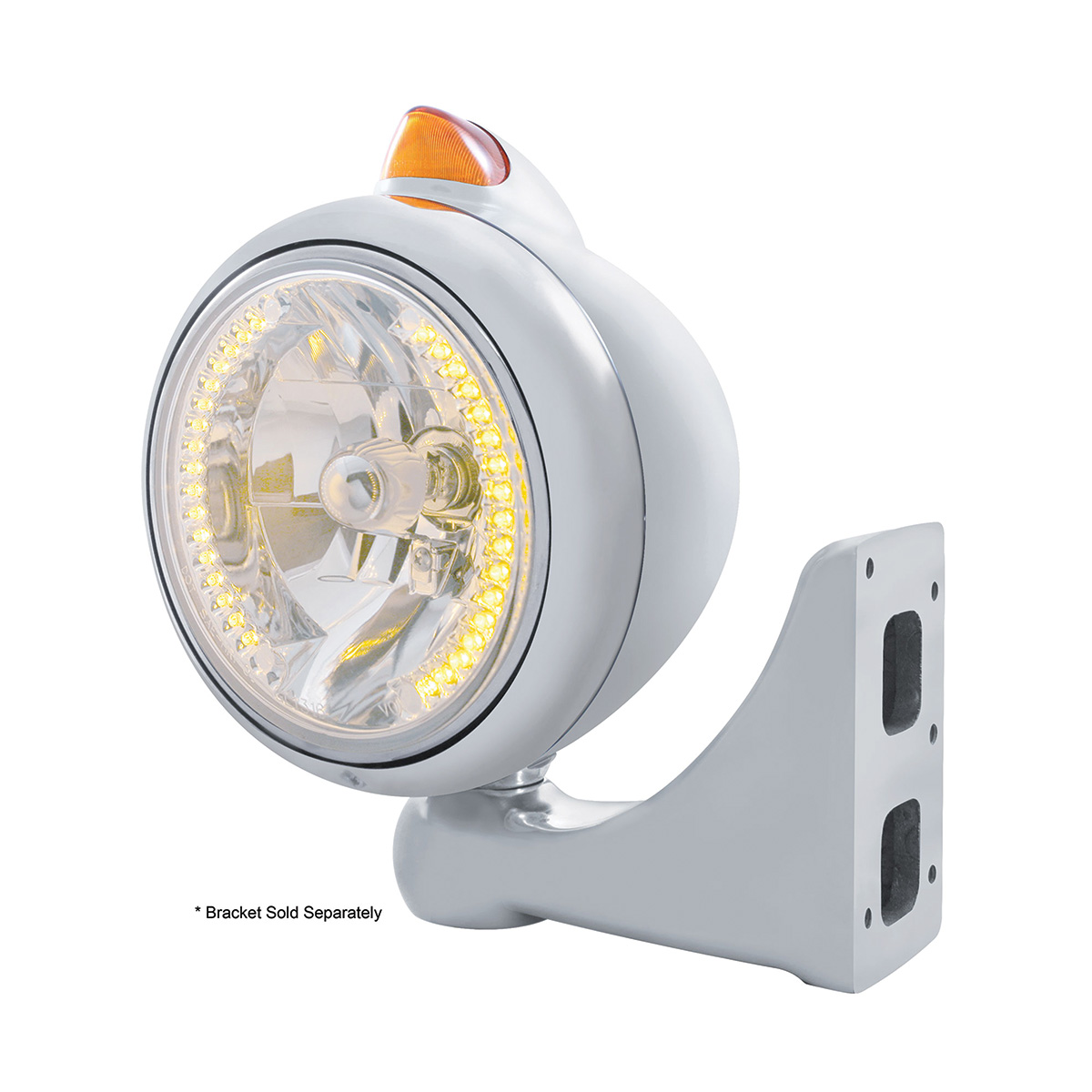 Stainless Steel Guide 682-C Headlight H4 With Amber LED & Original Style LED Signal - Amber Lens - Thumbnail 3