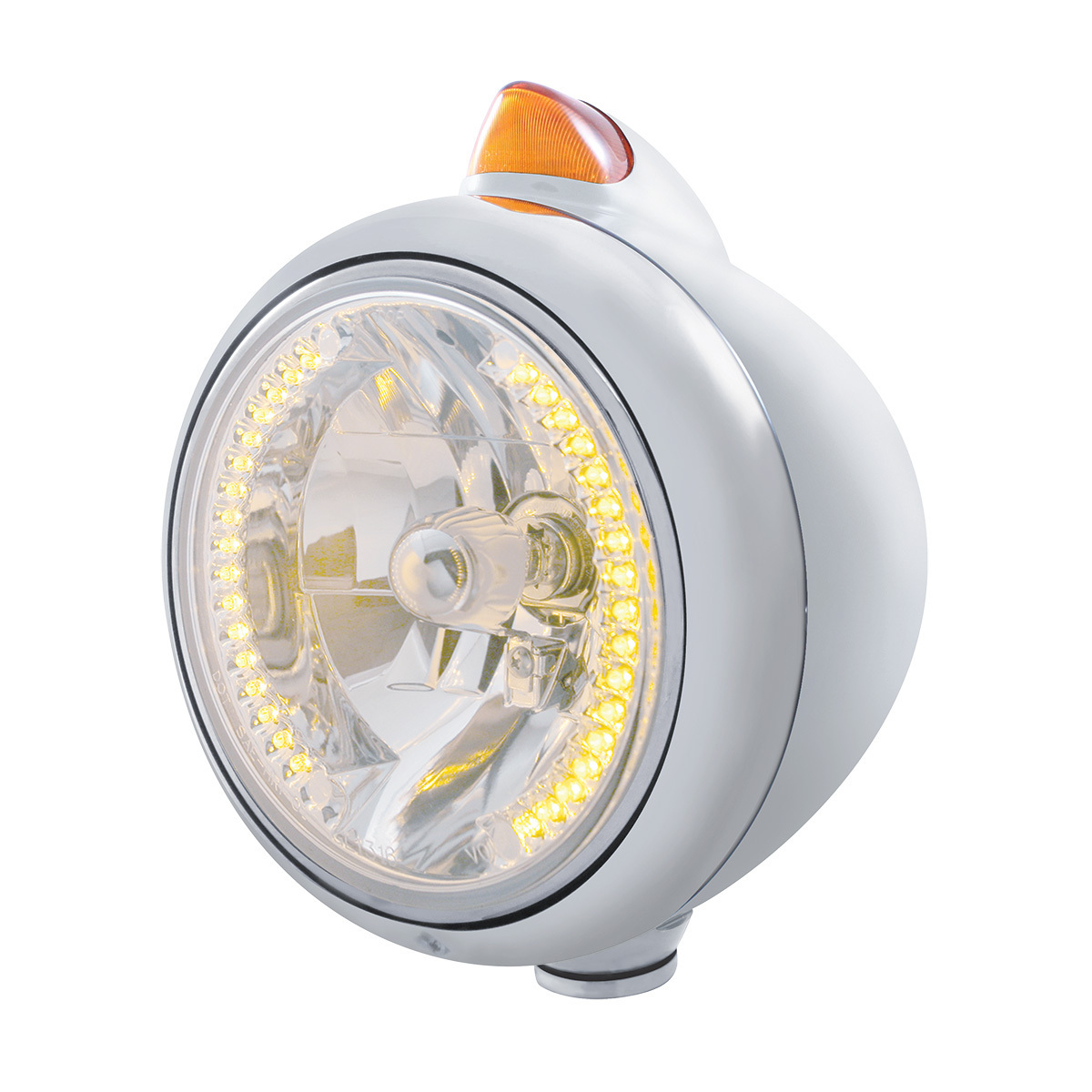 Stainless Steel Guide 682-C Headlight H4 With Amber LED & Original Style LED Signal - Amber Lens - Thumbnail 4