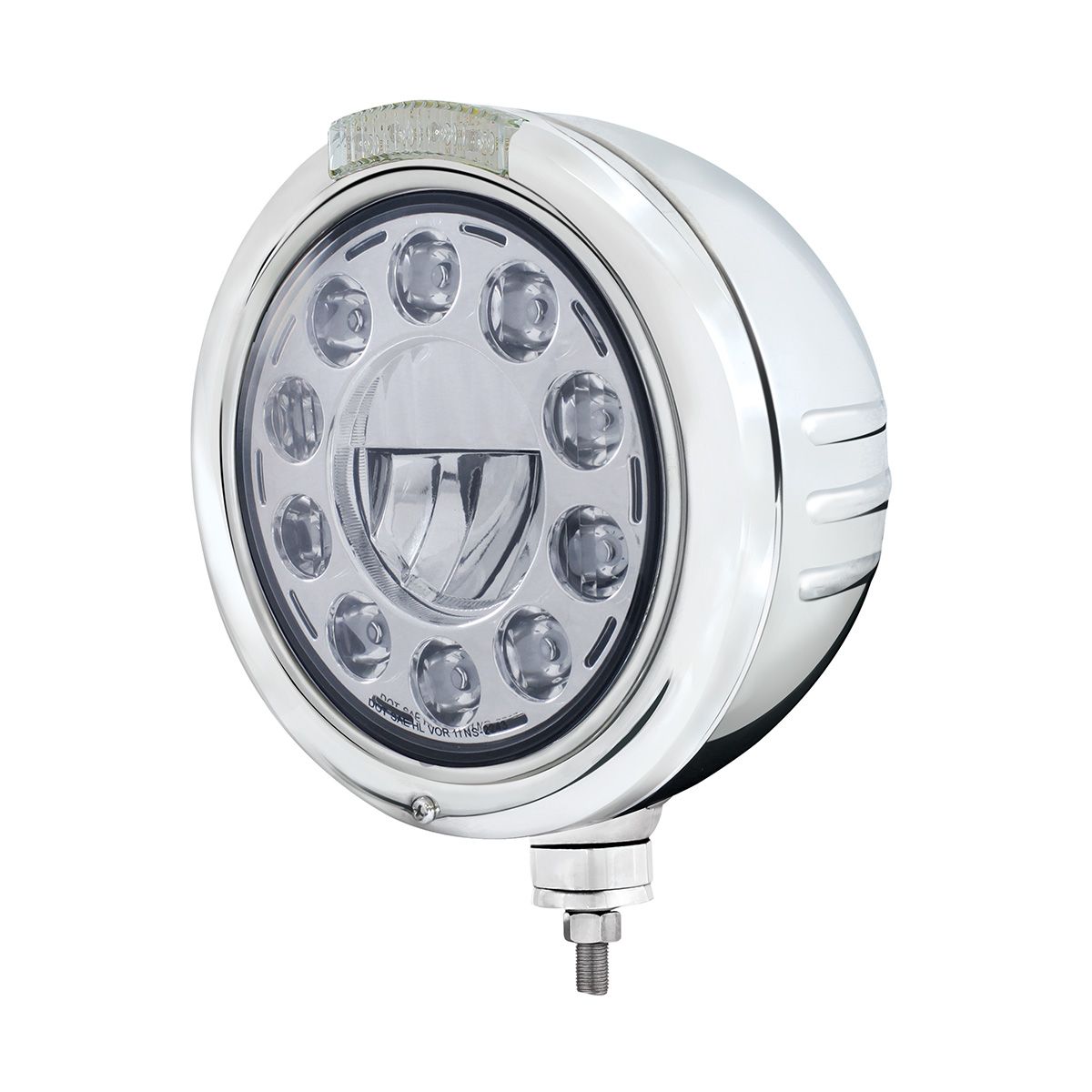 Stainless Steel Classic Embossed Stripe Headlight 11 LED Bulb & Dual Mode LED Signal - Clear Lens